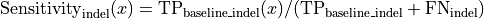 \text{Sensitivity}_\text{indel}(x) = \text{TP}_\text{baseline\_indel}(x) / (\text{TP}_\text{baseline\_indel} + \text{FN}_\text{indel})